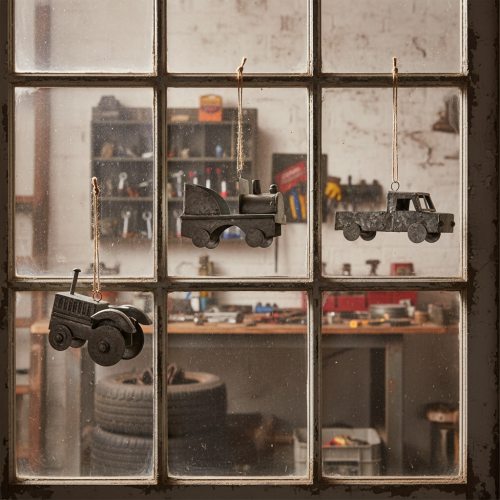 gjenstander Dekorative vintagebiler i metall til oppheng, assorterte størrelser, 9-10 cm, 4 stk.