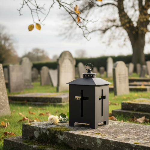 gjenstander Lykt gravlys kryssvindu metall antikk grå 13 x 27 cm