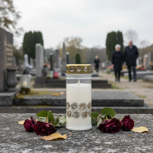 gjenstander Gravlys hvite roser gull sorglys Ø7cm H18cm 77h