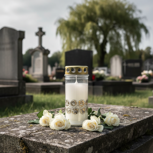 gjenstander Gravlys hvite roser gull sorglys Ø7cm H18cm 77h