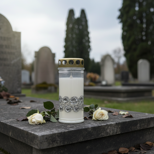 gjenstander Gravlys hvite roser sølv sorglys Ø7cm H18cm 77h