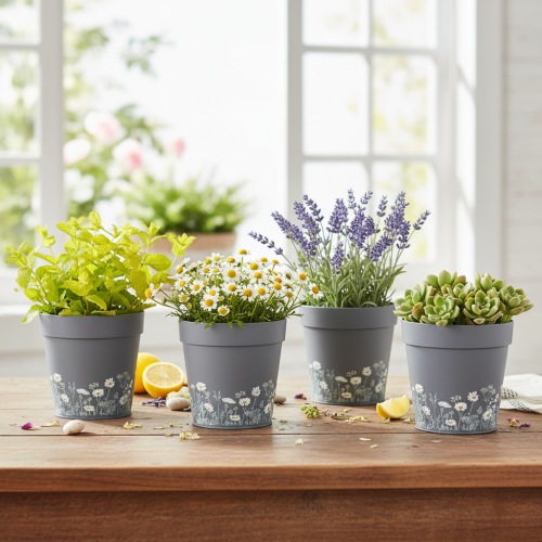 gjenstander Blomsterpotte med blomstermønster for moderne hjem og sommerdekorasjon av balkong, 13 cm, 4 stk.