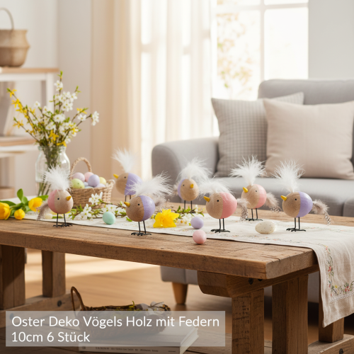 gjenstander Dekorativ trefugl med fjær og fargerik kropp til borddekorasjon, 10 cm, 6 stk.