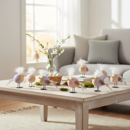 gjenstander Dekorativ trefugl med fjær og fargerik kropp til borddekorasjon, 10 cm, 6 stk.