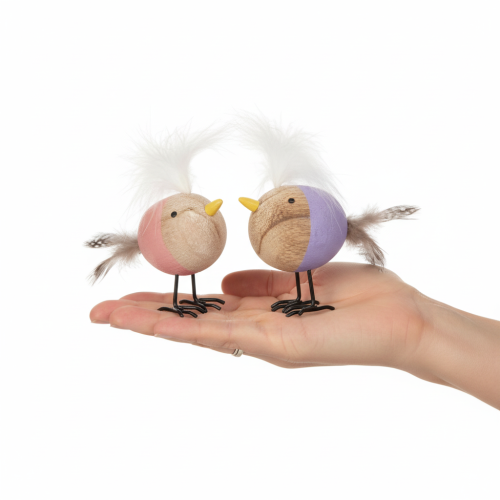 gjenstander Dekorativ trefugl med fjær og fargerik kropp til borddekorasjon, 10 cm, 6 stk.