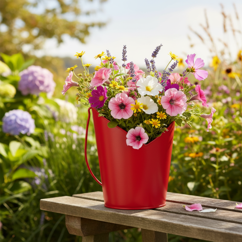 gjenstander Metallblomst med hjertedekorasjon og håndtak Rød Ø12cm H15/9cm