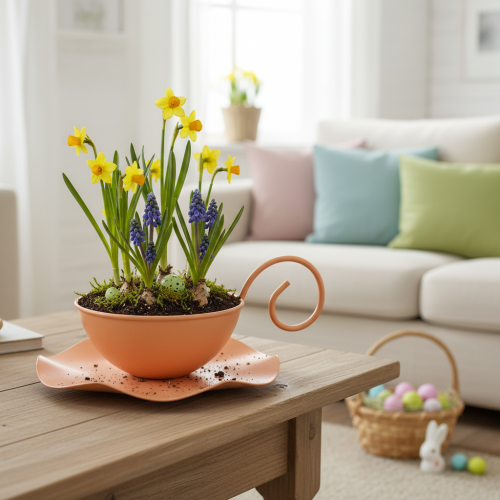 gjenstander Dekorativ kopp i metall, oransje, Ø11,5 cm, H6 cm, med skål, 2 stk.