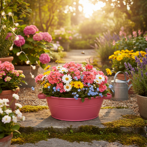 gjenstander Rosa metallblomsterskål med håndtak, rund, Ø33,5 cm