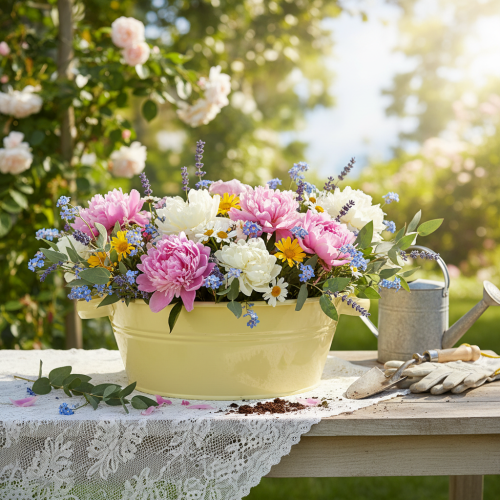 gjenstander Dekorativ metallskål, grønn-gul, blomsterskål med håndtak, Ø33,5 cm