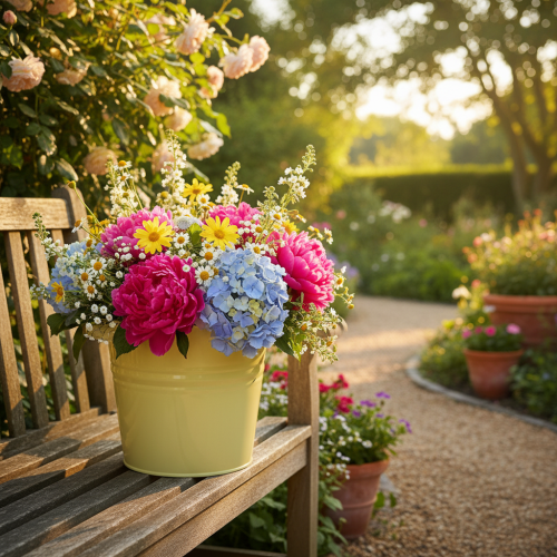 gjenstander Dekorativ metallpotte, grønn/gul, blomsterpotte, 31x26x21,5 cm