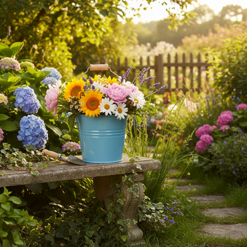 gjenstander Dekorativ bøtte, metall, trehåndtak, blomsterpotte, blå, 16 cm høy, 2 stk.