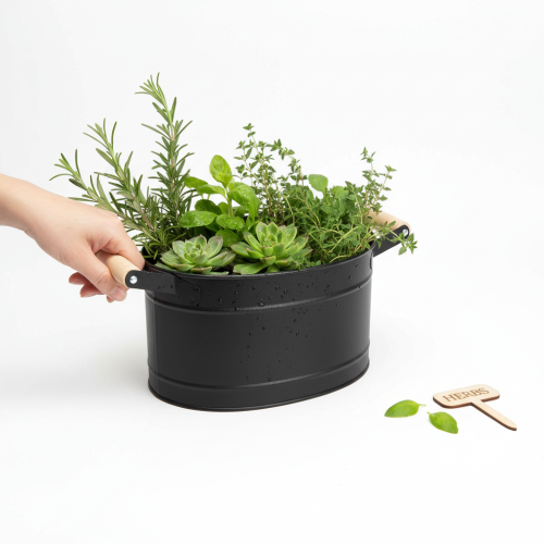 gjenstander Oval blomsterpotte i metall med håndtak, svart og naturlig utførelse, 34x19,5x15cm