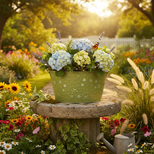 gjenstander Metallskål med stjerner og håndtak, grønn, Ø20 cm, H11,5 cm