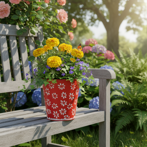gjenstander Rød og hvit blomsterpotte, metall, Ø12,5 cm H11,5 cm