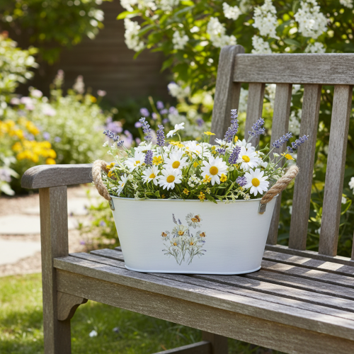 gjenstander Dekorativ oval metallskål, hvit med naturlig blomsterdekor, L26 cm