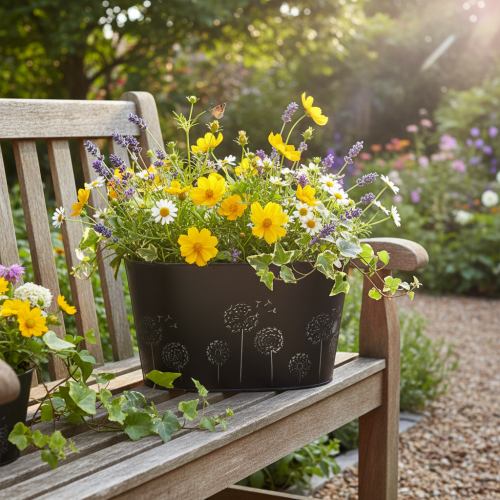 gjenstander Dekorativ metallskål, oval, svart og sølv, blomsterdesign, 20,5 x 12,5 x 12 cm