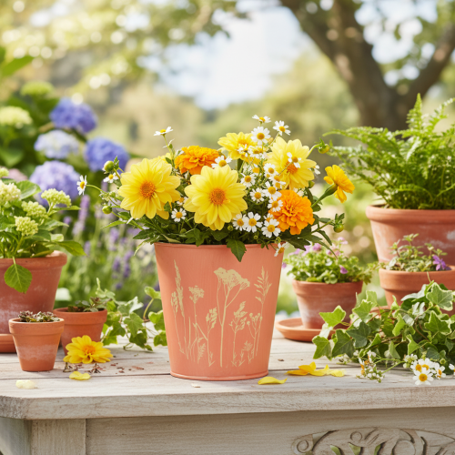 gjenstander Blomsterpotte med blomsterdekorasjon, aprikosgul, Ø10,5 cm H10,5 cm