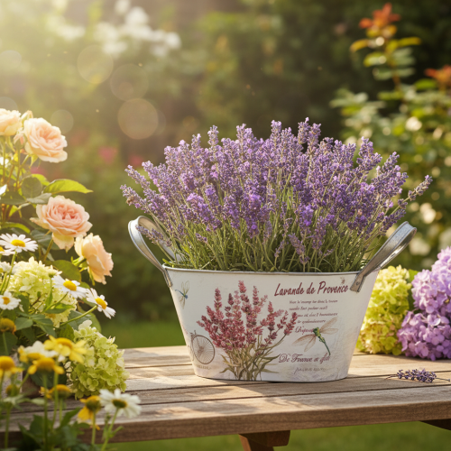 gjenstander Oval metallblomsterskål med håndtak, lavendel, 32×15×15 cm