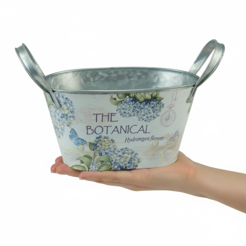 gjenstander Blomsterskål med håndtak, hortensia-design, metall, 26 × 13 × 14,5 cm