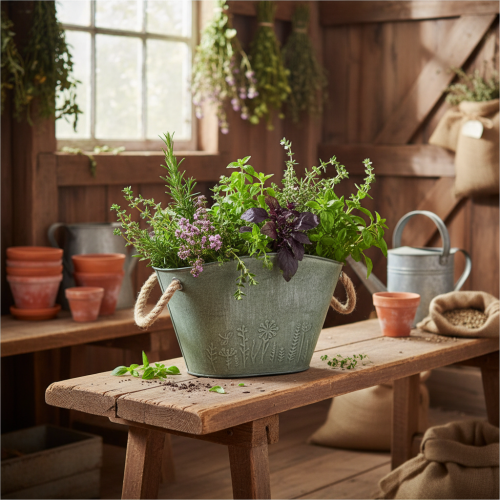 gjenstander Blomsterpotte med håndtak, veske, metall, jute, 24,5 × 17 × 15,5 cm