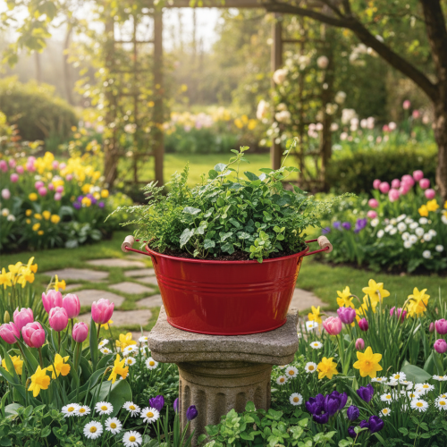 gjenstander Dekorativ skål med håndtak, blomsterskål i metall, rød, Ø29 cm, H14,5 cm