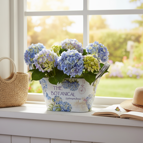 gjenstander Blomsterskål med håndtak, hortensia-design, metall, 26 × 13 × 14,5 cm