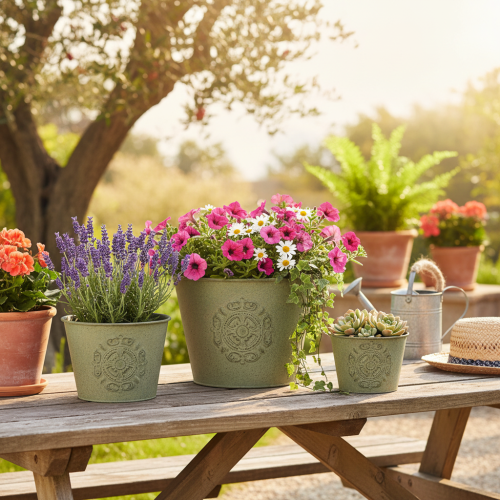 gjenstander Metallblomsterpotte, grønn, vintage, Ø22 cm–13,5 cm, sett med 3