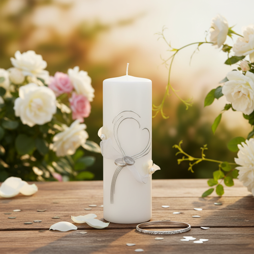 gjenstander Festlig bryllupslys med stilig hjertedesign, sølvpynt og organzabånd – ideelt for bryllup og sølvbryllupsdager, 230/80 mm