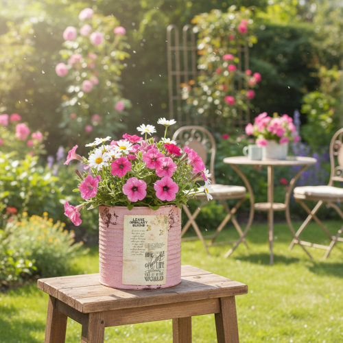 gjenstander Dekorativ blikk, antikk rose, metallboks til planting, Ø11 cm H10,5 cm