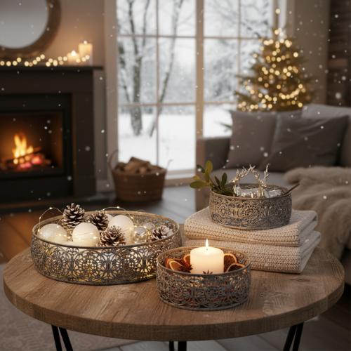 gjenstander Dekorativ metallskål, grått og hvitt mønster, Ø16/19,5/23,5 cm, sett med 3