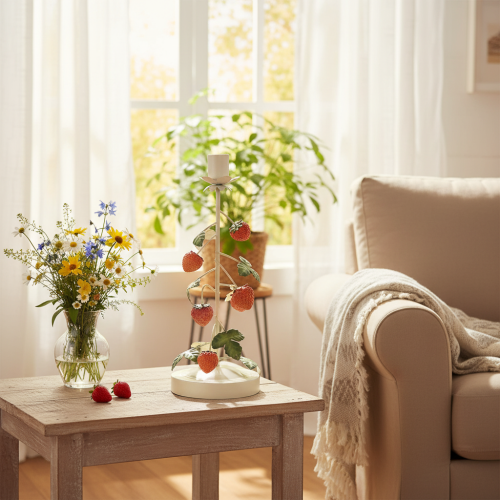 gjenstander Metallkonisk lysestake med jordbærdekorasjon, kremfarget, rund, H26 cm