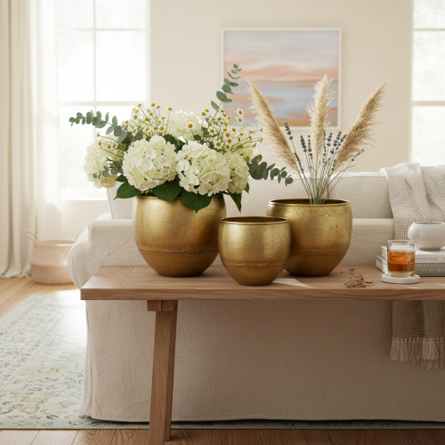 gjenstander Dekorative vaser i messinglook i metall Ø18/15/12,5 cm, sett med 3