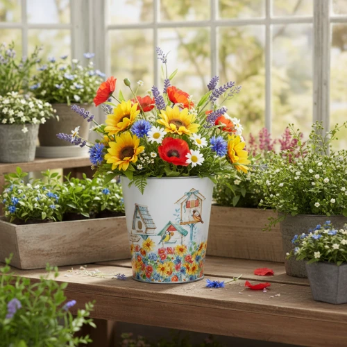 Metallpotte med motiv, blomsterkasse med fuglehus, blikkbøtte H13cm Ø11,5cm | Floristik24.no