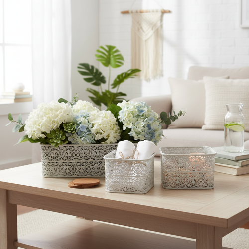 gjenstander Metallskåler med blondemønster, dekorativ beholder, firkantet, shabby chic, hvit, 27/23/19 cm, H13,5 cm, sett med 3