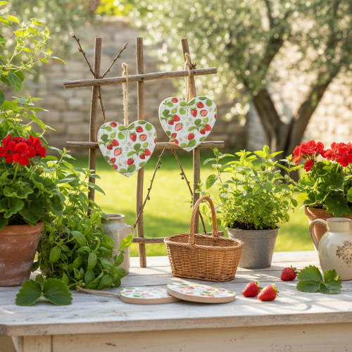 gjenstander Dekorativt hjerte med jordbærmotiv – Sommerlig treanheng for landlig innredning, 10 cm x 10 cm, 4 stk.