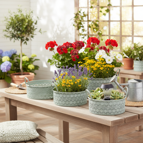 gjenstander Dekorativ metallskål med håndtak, vintage blomsterpotte, sett med 3