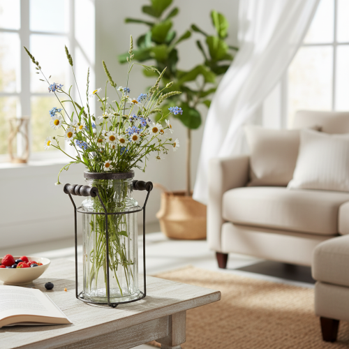 gjenstander Glassflaske i metallkurv, ideell for dekorative detaljer i stuen, 20 cm