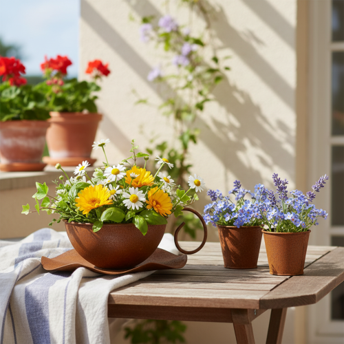 Plantekopp med skål, blomsterpotte, rustfarget, Ø19,5 cm, H8 cm | Floristik24.no