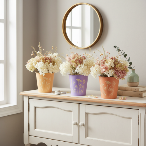 Sett med 3 metallpotter i pastellfarger med blomstermotiv, 10 cm | Floristik24.no