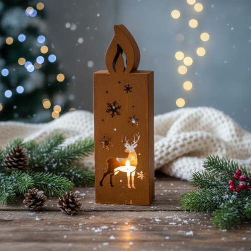Julelysholder, rusten metalllysestake, hjort, 45x14cm | Floristik24.no