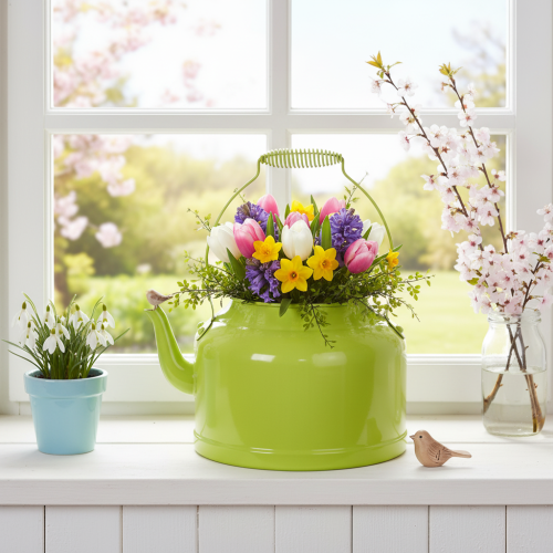 Dekorativ tekanne i metall, eplegrønn - blomsterpotte - Ø20 cm H15 cm - allsidig hagedekorasjon og gaveidé | Floristik24.no
