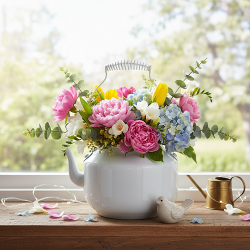 Dekorativ metalltekanne med vintage-utseende til blomsteroppsatser | Floristik24.no