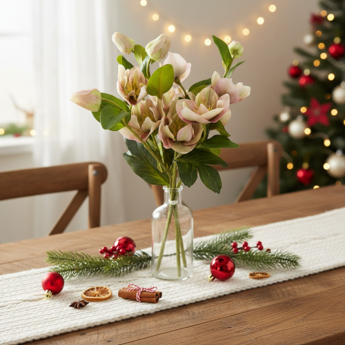 Kunstig blomsterdekorasjon med julerose, 30 cm bukett med 4 stk. | Floristik24.no