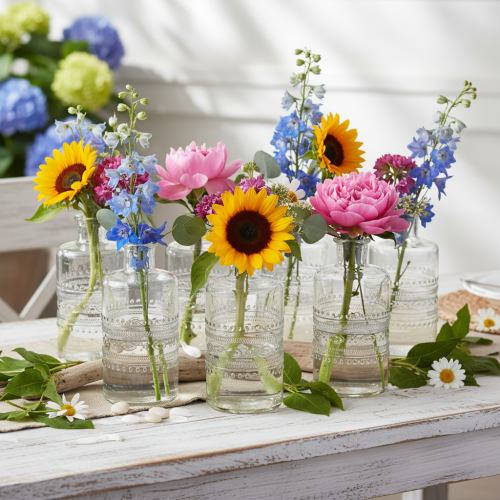Glassflaske med mønster, sylindrisk, klar, dekorativ vase, 15 cm, 6 stk. | Floristik24.no