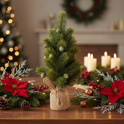 Kunstig juletre i jutepose, liten borddekorasjon, mini juletre, 38 cm | Floristik24.no