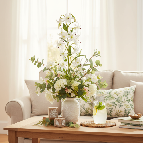 Kunstig hvit lilje med lang blomstrende gren, dekorativ, 80 cm | Floristik24.no