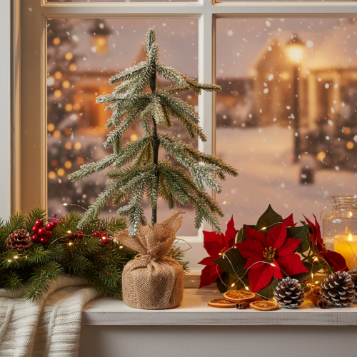 Kunstig plante med snø, LED-juletre i jutepose, batteridrevet, for innendørs bruk, 50 cm | Floristik24.no