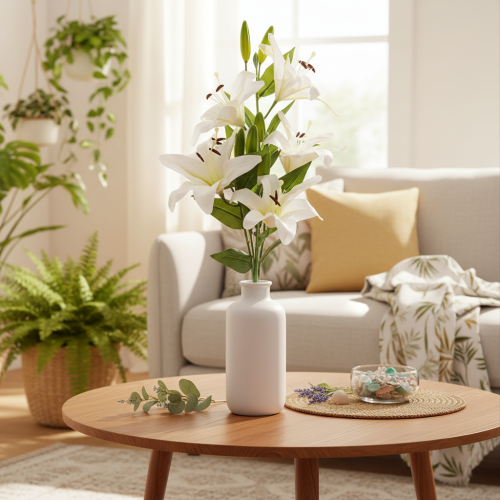 Kunstige liljer, 6 hvite blomster, realistisk blomstrende gren, 66 cm | Floristik24.no