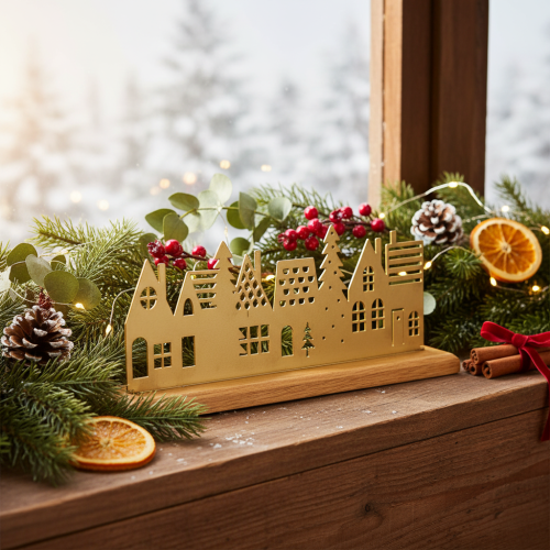 Hussilhuettdekorasjon advent på trebase 29 cm | Floristik24.no
