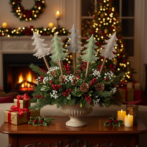 gjenstander Dekorativt juletre på pinne til blomsterkasser og høye arrangementer, 45 cm, 6 stk.